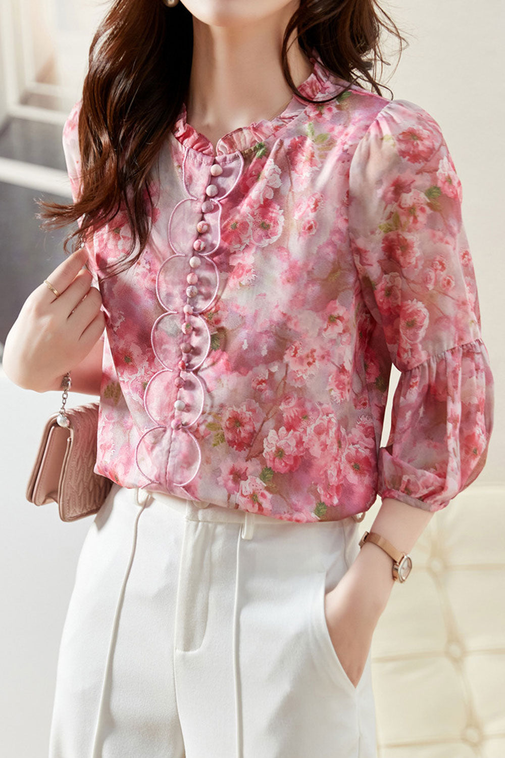 Women New Fashion Beautiful Stand-up Collar Three Quarter Sleeves Lace+Button+Stitching+ Floral Printing+Embroidery Comfortable