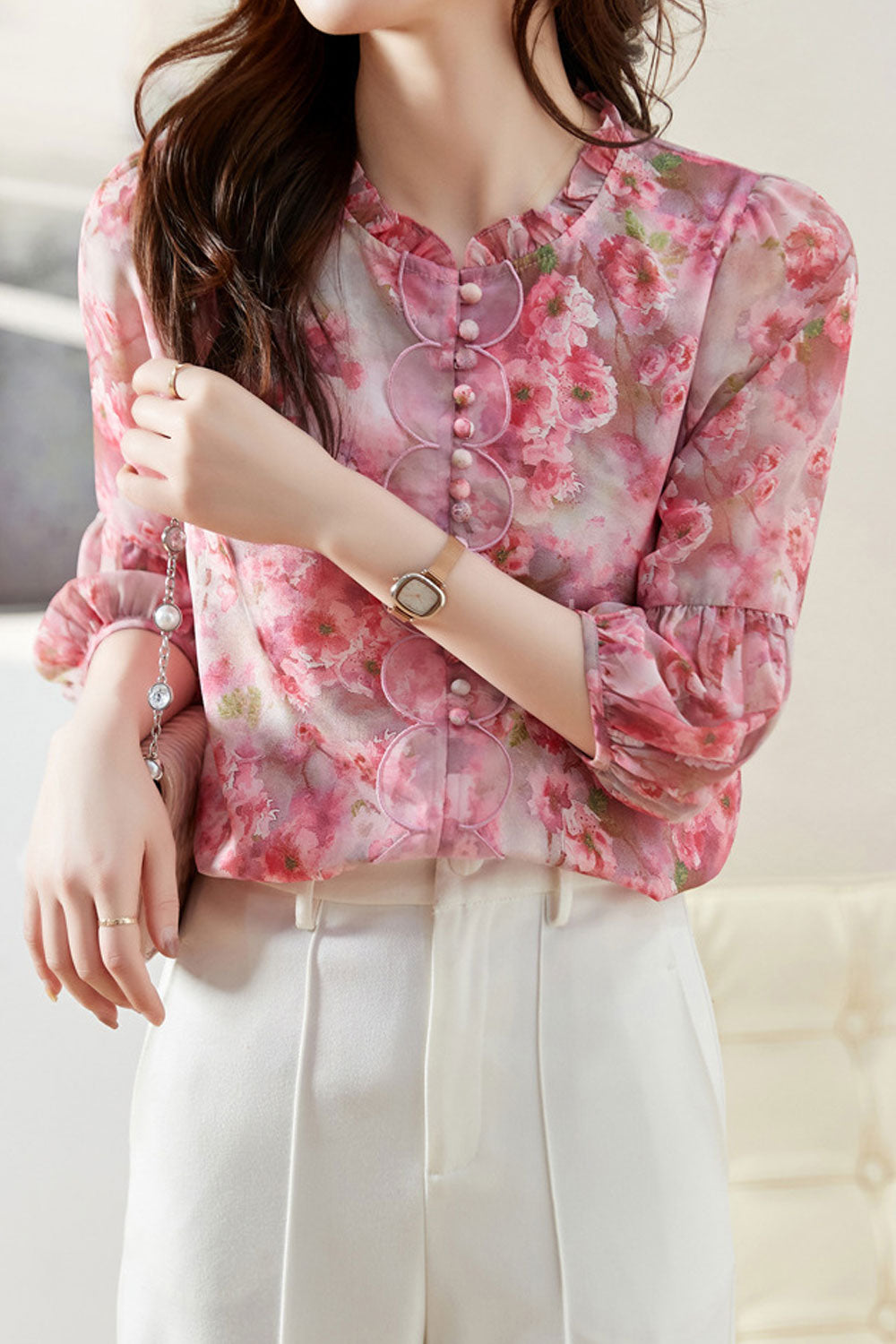 Women New Fashion Beautiful Stand-up Collar Three Quarter Sleeves Lace+Button+Stitching+ Floral Printing+Embroidery Comfortable