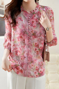 Women New Fashion Beautiful Stand-up Collar Three Quarter Sleeves Lace+Button+Stitching+ Floral Printing+Embroidery Comfortable