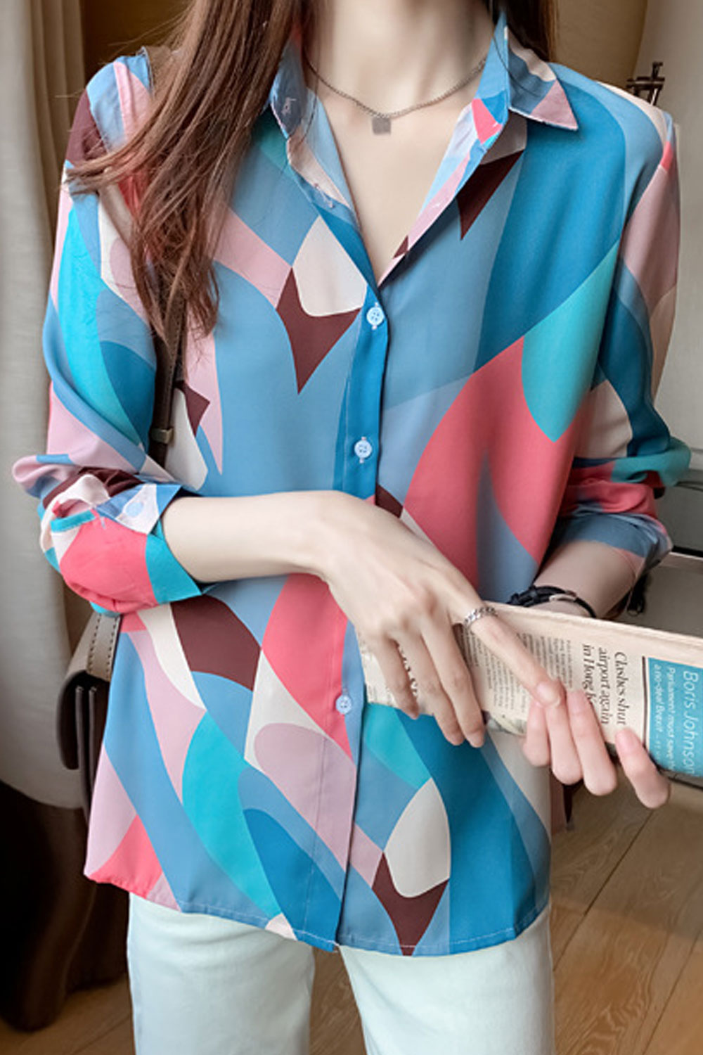 Women New Fashion Beautiful Collar Neck Long Sleeved Printed Temperament Commuting Style Summer Casual Loose Chiffon Shirt