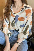 Women New Fashion Beautiful Collar Neck Long Sleeved Printed Temperament Commuting Style Summer Casual Loose Chiffon Shirt