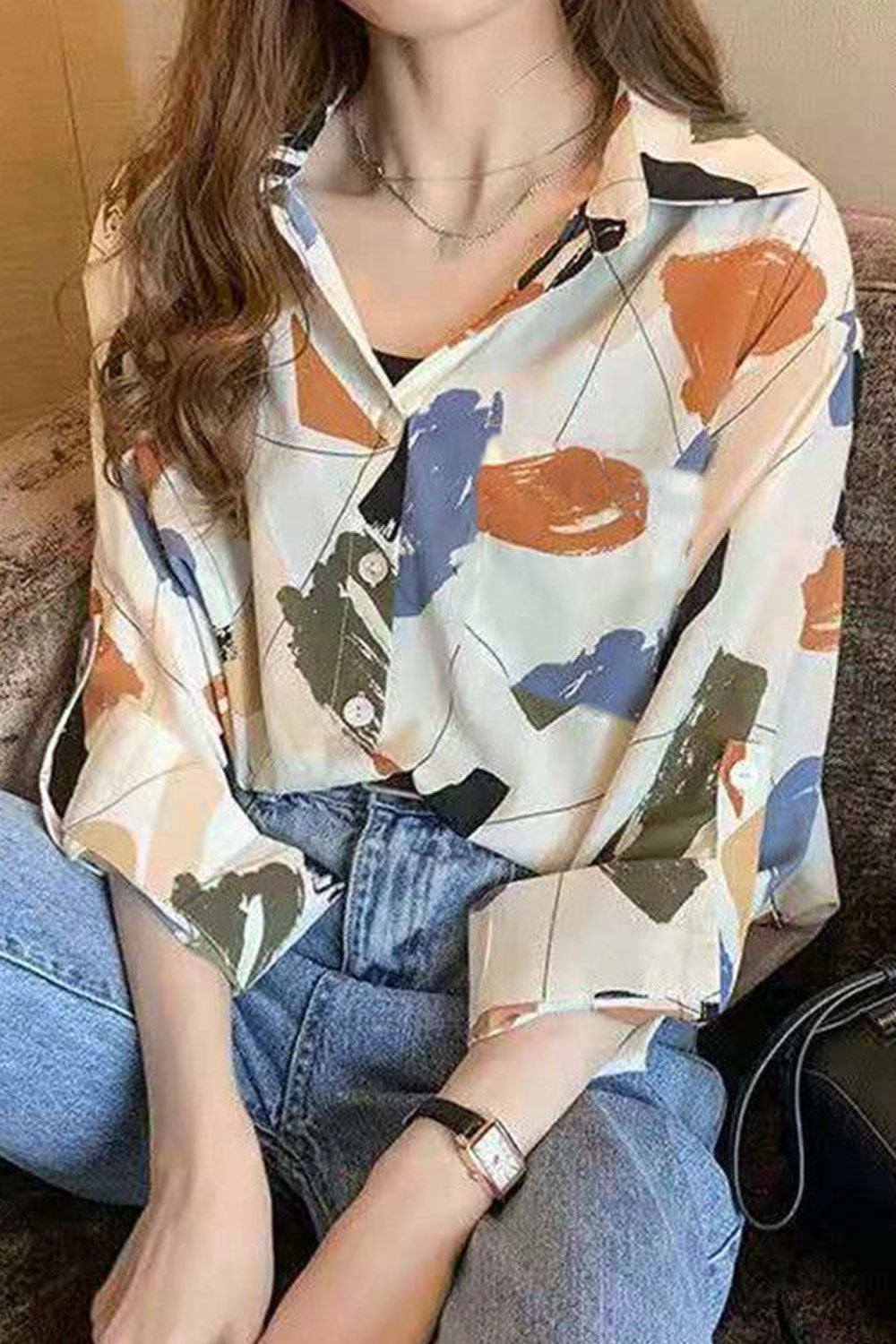 Women New Fashion Beautiful Collar Neck Long Sleeved Printed Temperament Commuting Style Summer Casual Loose Chiffon Shirt