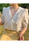 Women New Fashion Beautiful V-Neck Short Sleeves Lace Crochet Hollow Embroidery Summer Casual thin Loose Top