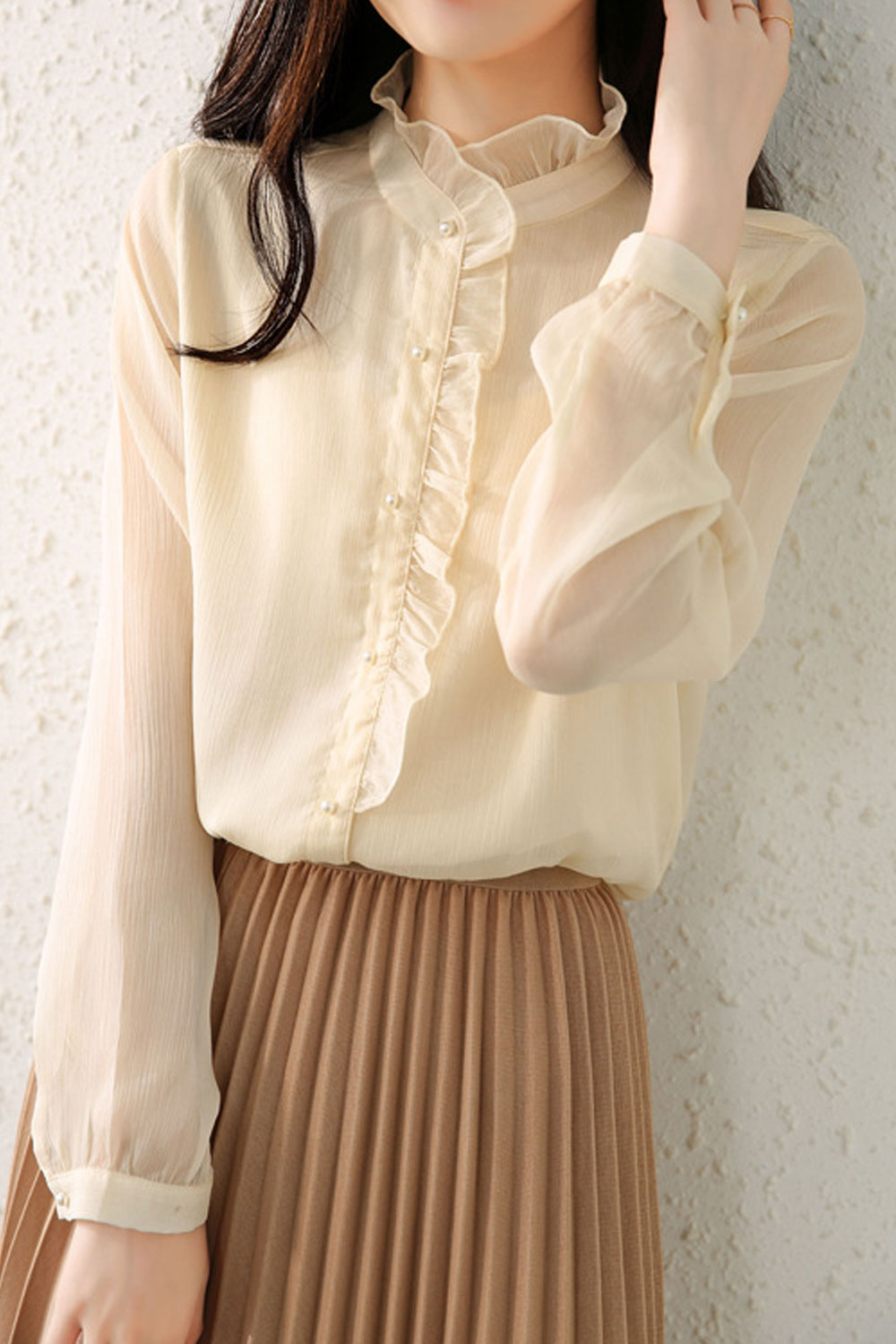 Women New Beautiful Retro Niche Sense Design Stand Collar Long Sleeves Pearl Button Stitching Solid Color Summer Casual Chiffon