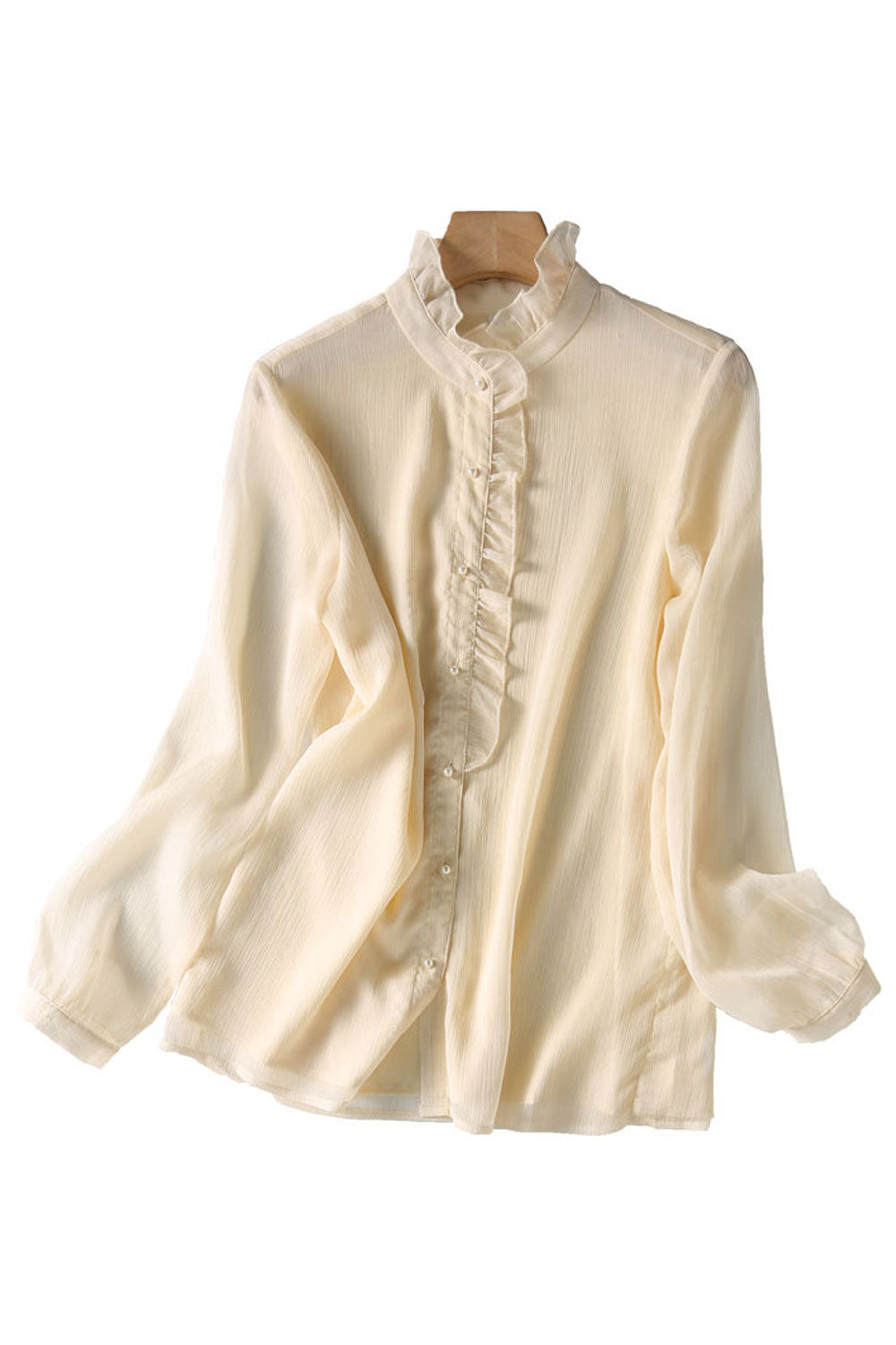 Women New Beautiful Retro Niche Sense Design Stand Collar Long Sleeves Pearl Button Stitching Solid Color Summer Casual Chiffon