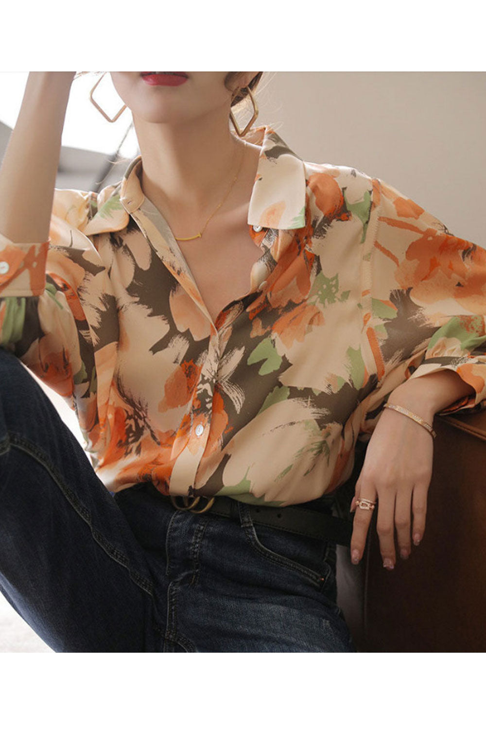 Women New Beautiful Silk Niche Sense Design Collar Neck Long Sleeves Printed High-end Fashion Elegant Style Summer Casual Loose