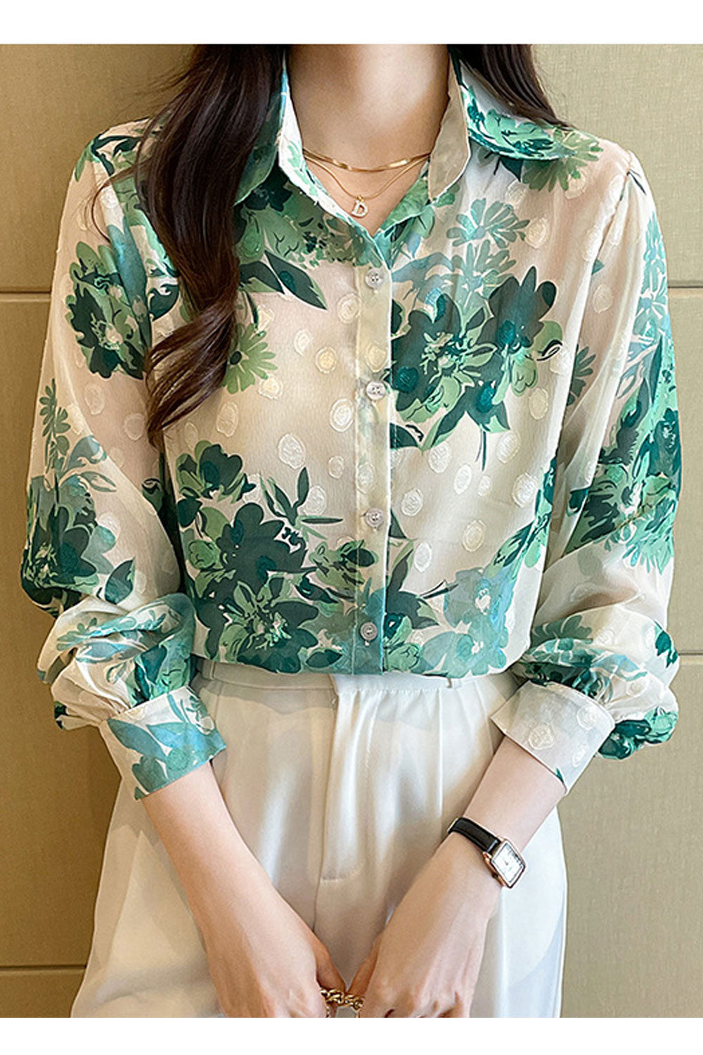 Women New Beautiful Design Collar Neck Long Sleeved Cut Flower Flocking Printed Commuter Style Summer Casual Loose Shirt