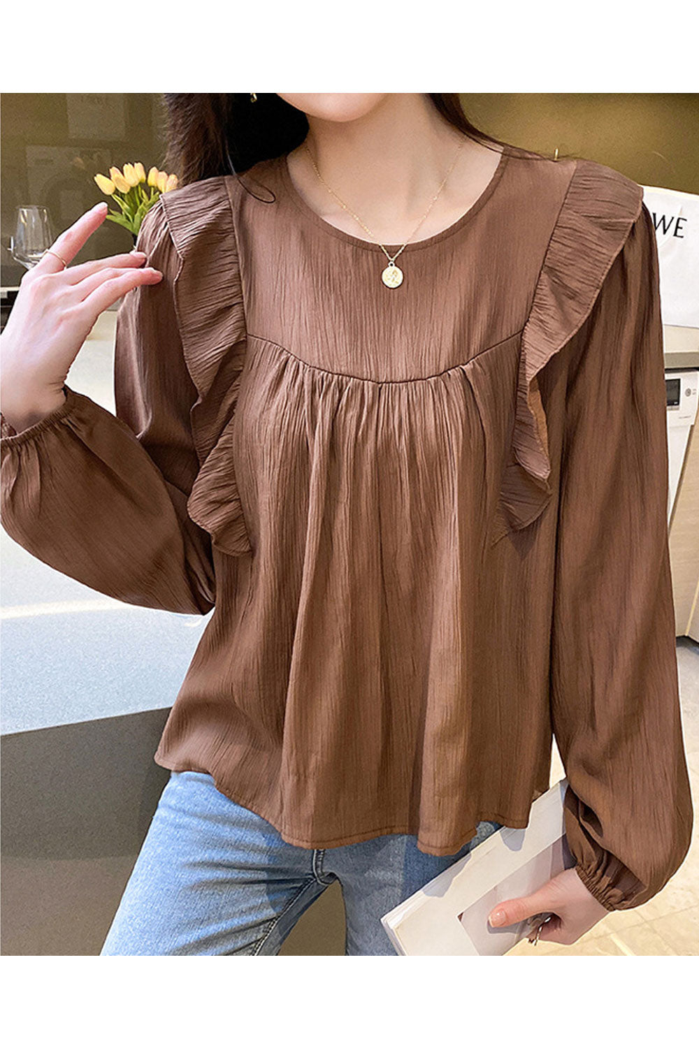 Women New Beautiful Design Round Neck Lotus Leaf Wood Ear Long Sleeves Solid Color Commuter Style Summer Casual Loose Top
