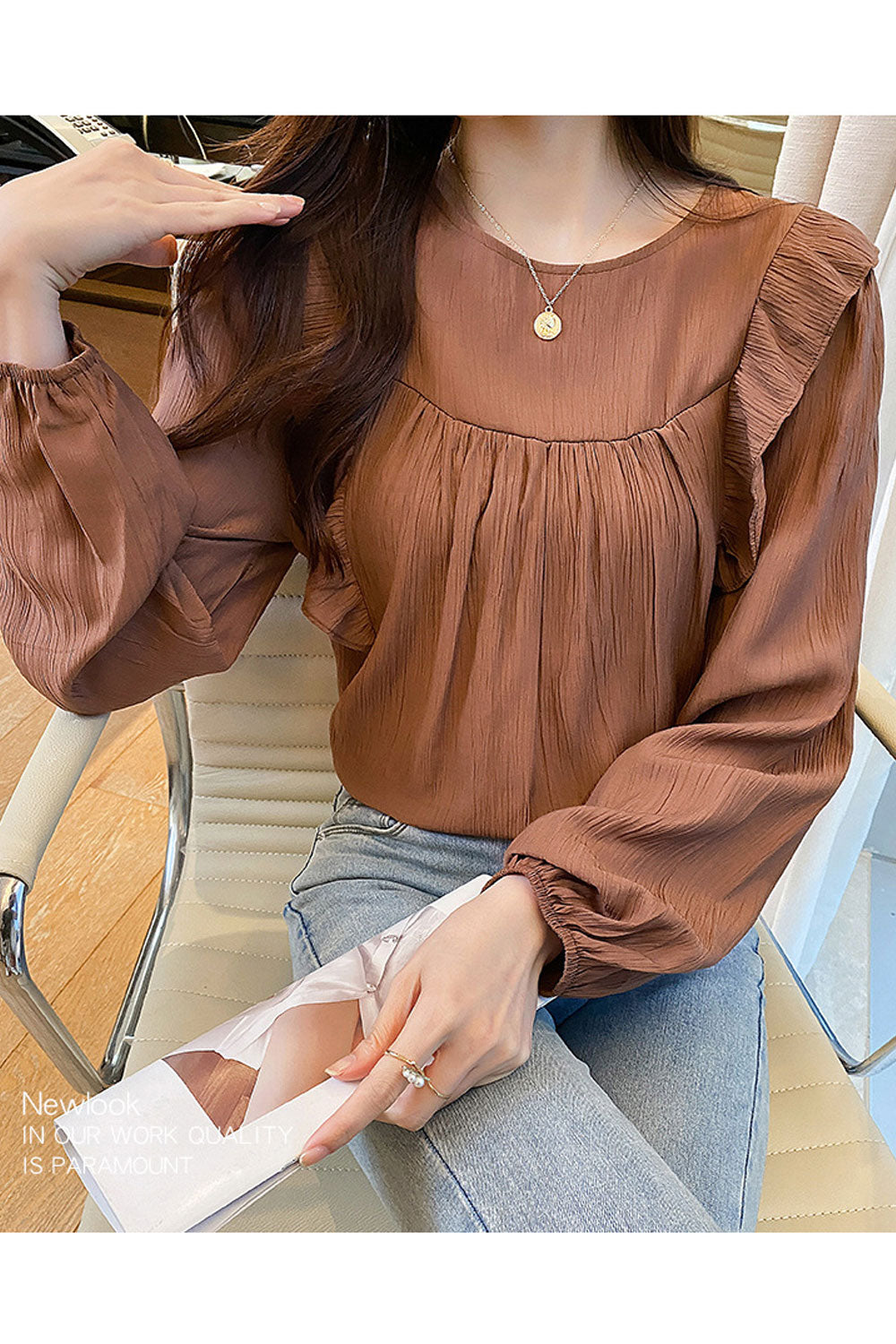 Women New Beautiful Design Round Neck Lotus Leaf Wood Ear Long Sleeves Solid Color Commuter Style Summer Casual Loose Top