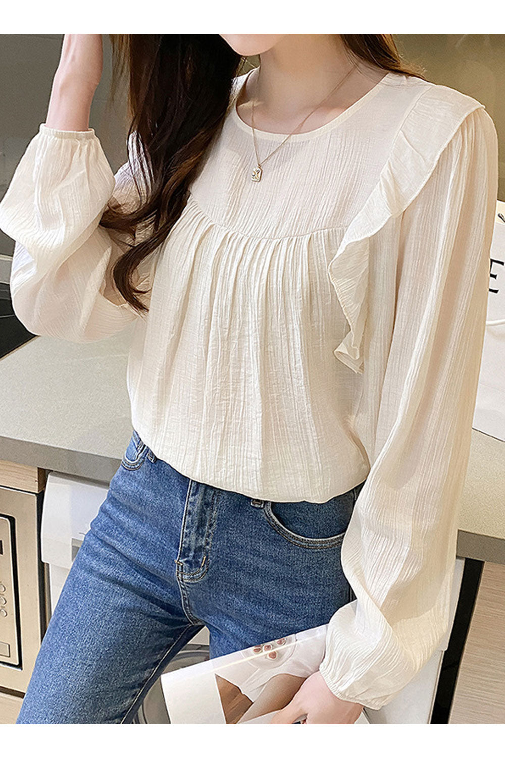 Women New Beautiful Design Round Neck Lotus Leaf Wood Ear Long Sleeves Solid Color Commuter Style Summer Casual Loose Top