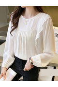 Women New Beautiful Design Round Neck Lotus Leaf Wood Ear Long Sleeves Solid Color Commuter Style Summer Casual Loose Top
