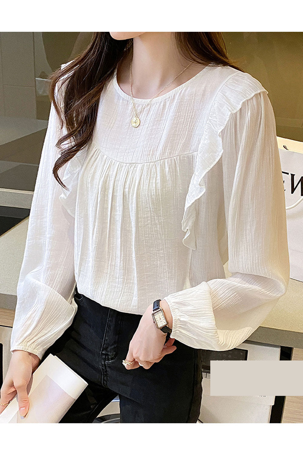 Women New Beautiful Design Round Neck Lotus Leaf Wood Ear Long Sleeves Solid Color Commuter Style Summer Casual Loose Top