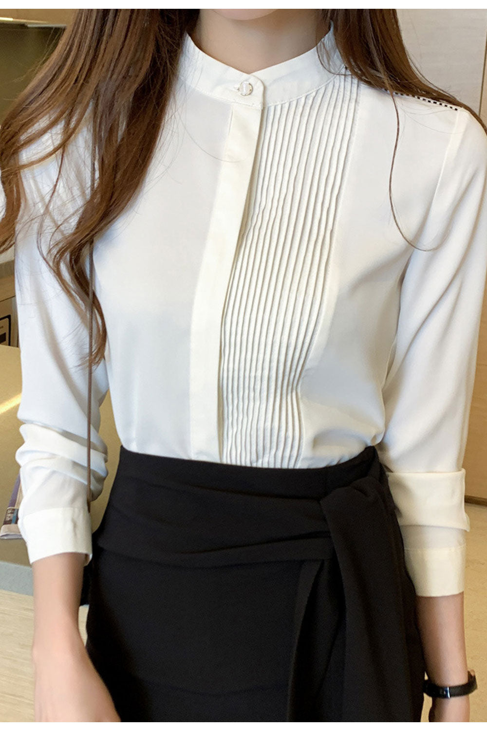 Women New Fashion Professional ol Chiffon Stand-up Collar Round Neck Long Sleeves Solid Color Summer Casual Bottoming Shirt