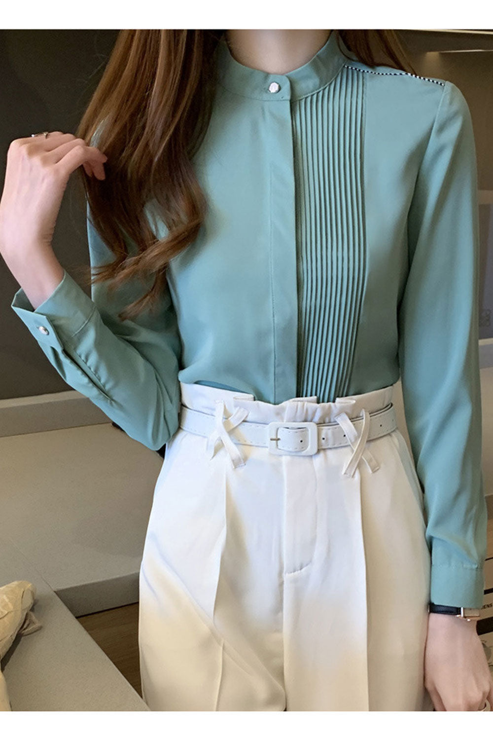 Women New Fashion Professional ol Chiffon Stand-up Collar Round Neck Long Sleeves Solid Color Summer Casual Bottoming Shirt