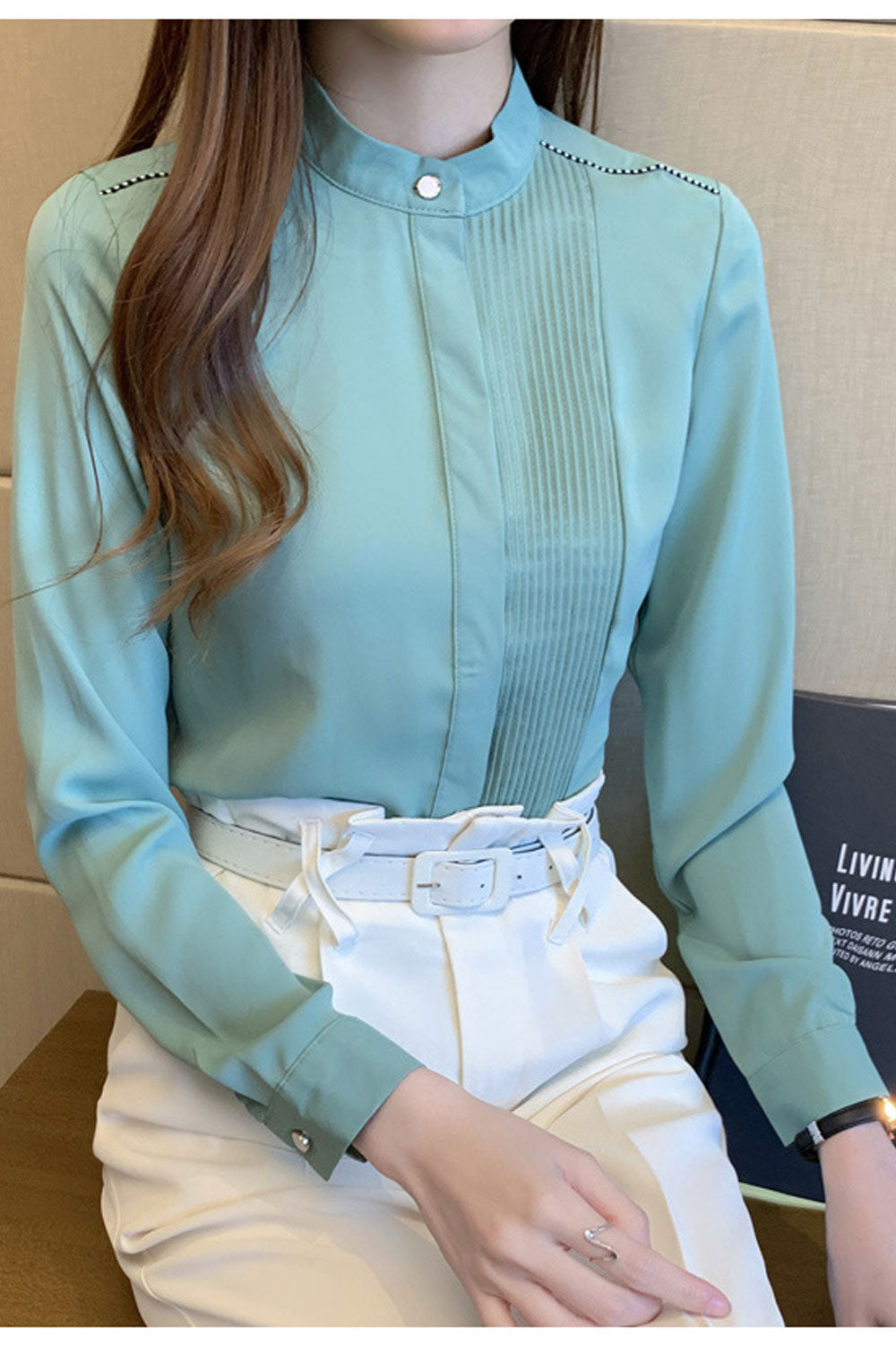 Women New Fashion Professional ol Chiffon Stand-up Collar Round Neck Long Sleeves Solid Color Summer Casual Bottoming Shirt