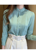 Women New Fashion Professional ol Chiffon Stand-up Collar Round Neck Long Sleeves Solid Color Summer Casual Bottoming Shirt