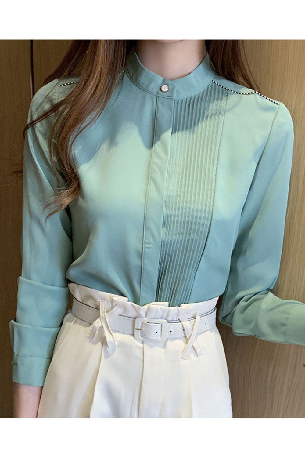 Women New Fashion Professional ol Chiffon Stand-up Collar Round Neck Long Sleeves Solid Color Summer Casual Bottoming Shirt
