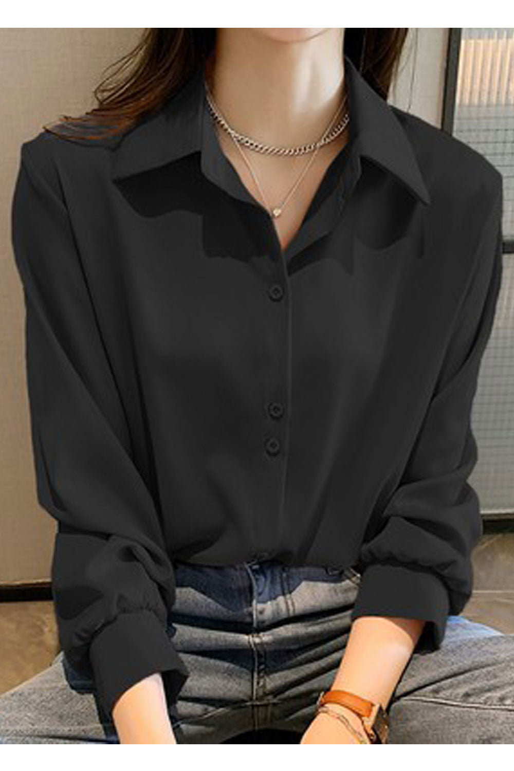 Women New Fashion Professional Temperament Collar Neck Long Sleeves Solid Color Summer Casual Loose Chiffon Shirt