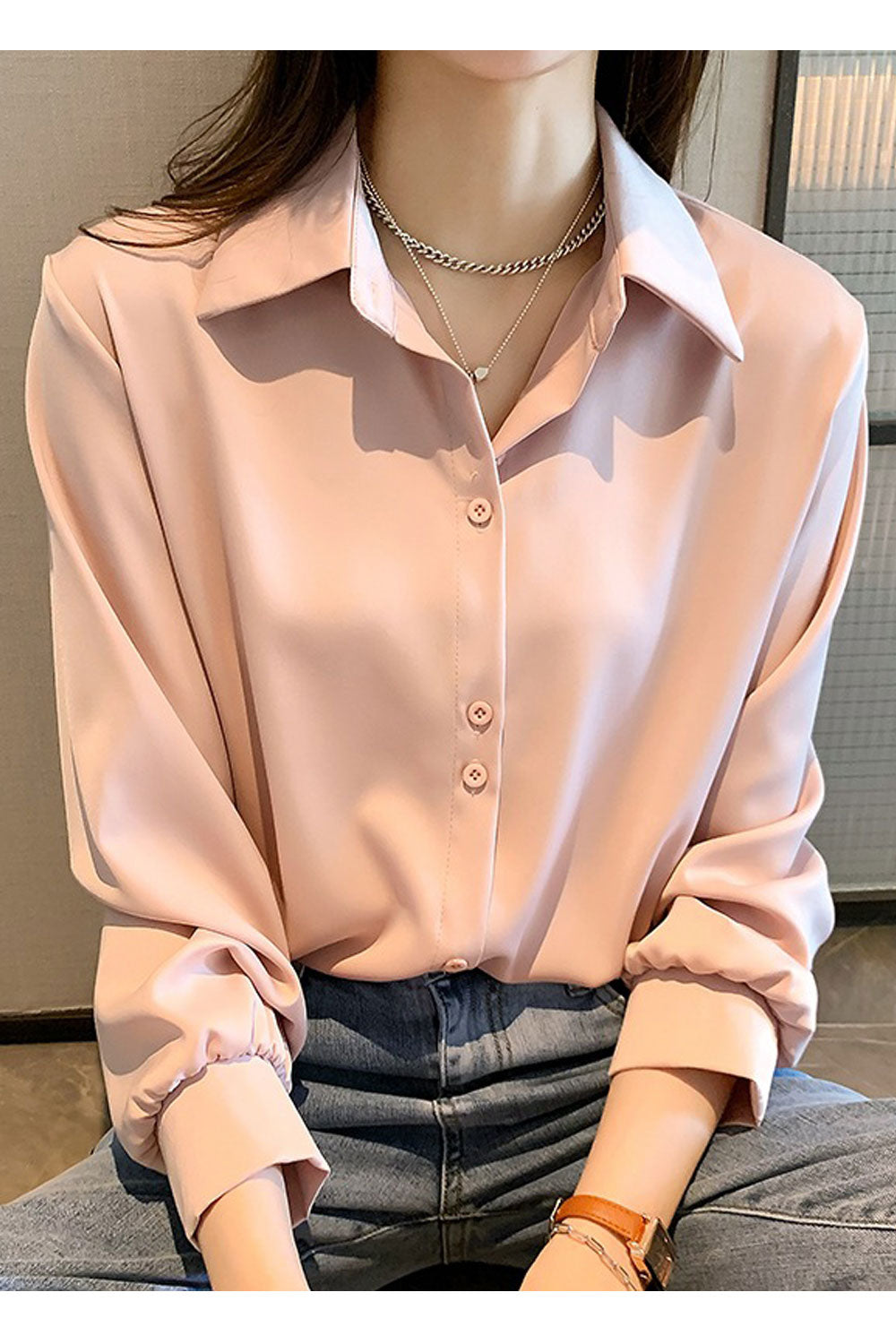 Women New Fashion Professional Temperament Collar Neck Long Sleeves Solid Color Summer Casual Loose Chiffon Shirt