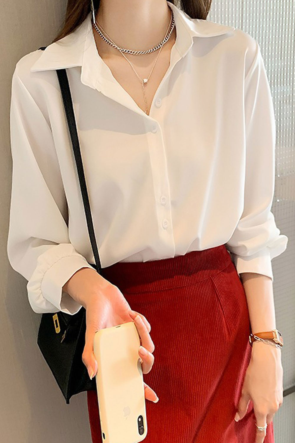 Women New Fashion Professional Temperament Collar Neck Long Sleeves Solid Color Summer Casual Loose Chiffon Shirt
