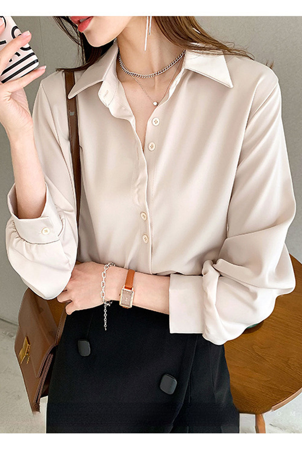Women New Fashion Professional Temperament Collar Neck Long Sleeves Solid Color Summer Casual Loose Chiffon Shirt