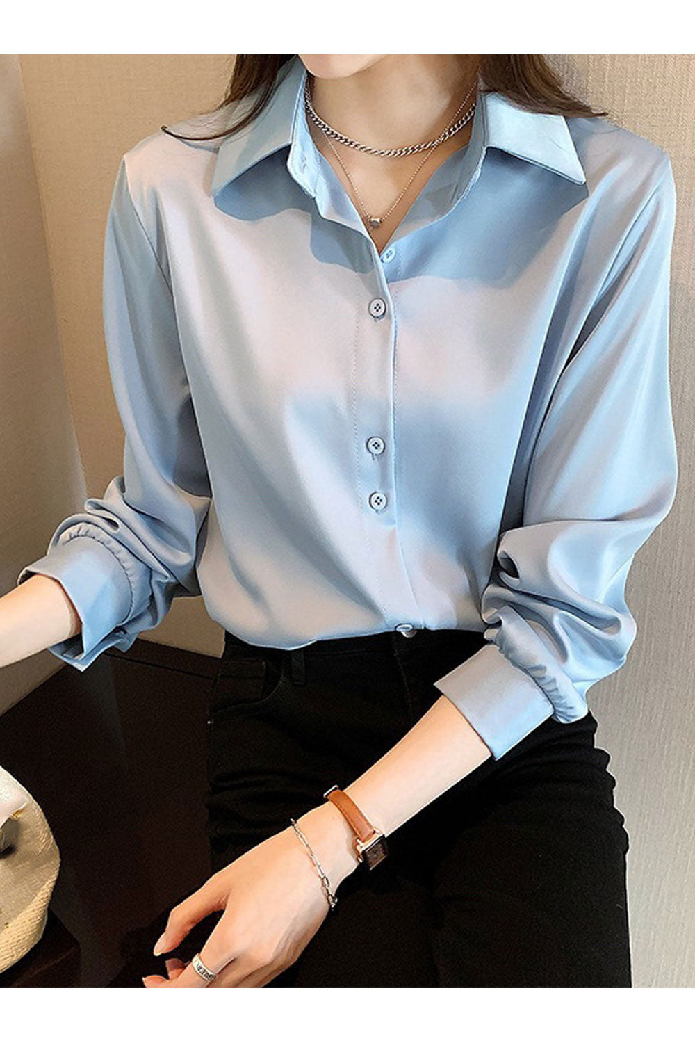 Women New Fashion Professional Temperament Collar Neck Long Sleeves Solid Color Summer Casual Loose Chiffon Shirt