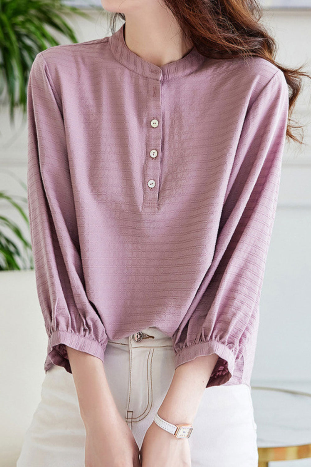 Women New Fashion Round Neck Three Quarter Puff Sleeves Jacquard Shirt Summer Casual Top