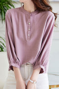 Women New Fashion Round Neck Three Quarter Puff Sleeves Jacquard Shirt Summer Casual Top