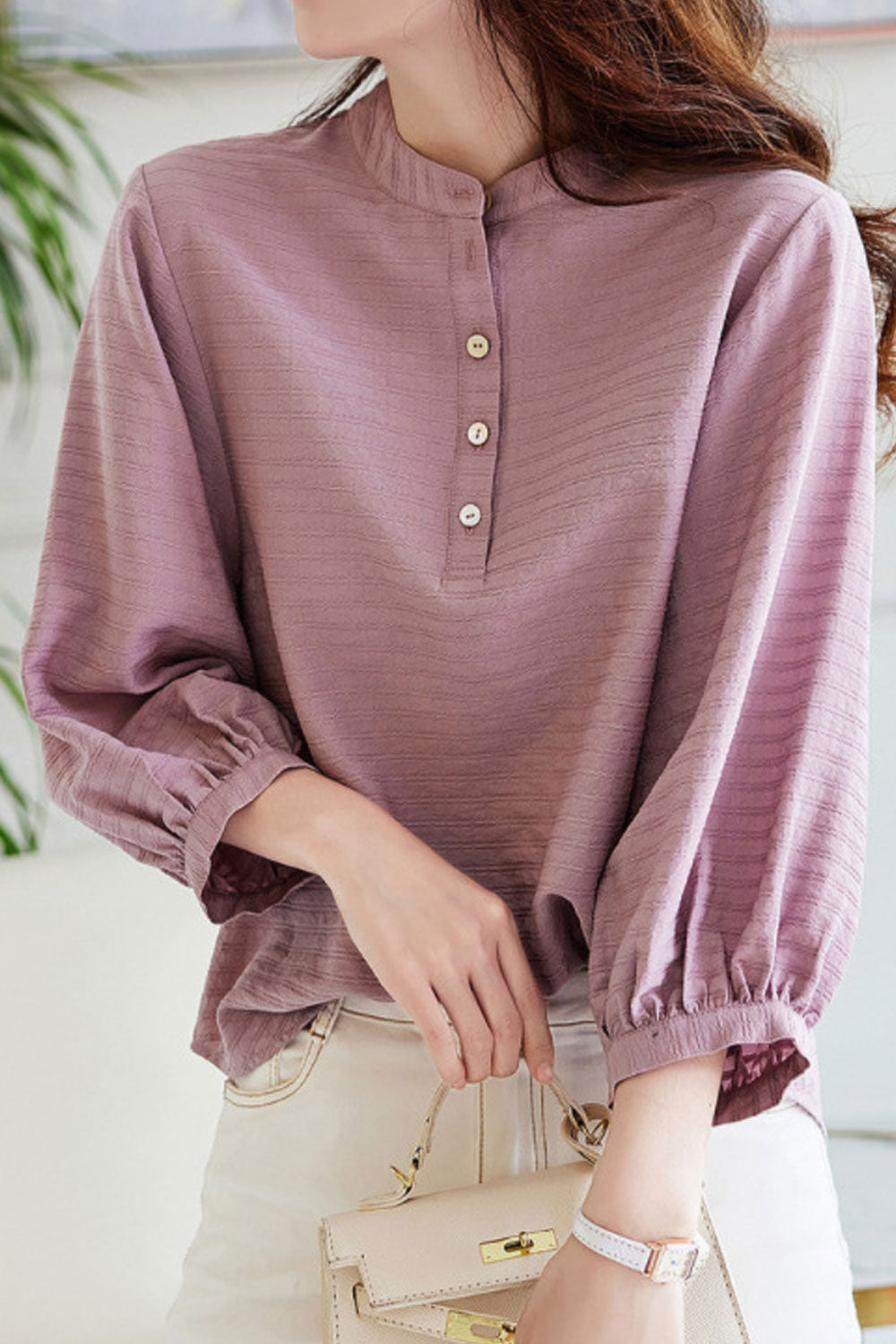 Women New Fashion Round Neck Three Quarter Puff Sleeves Jacquard Shirt Summer Casual Top
