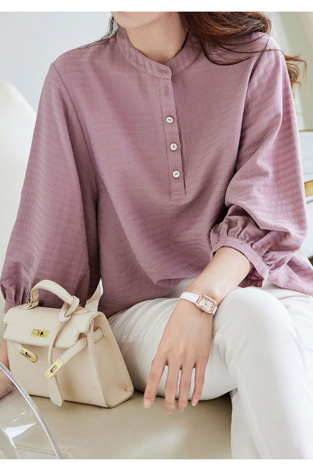 Women New Fashion Round Neck Three Quarter Puff Sleeves Jacquard Shirt Summer Casual Top