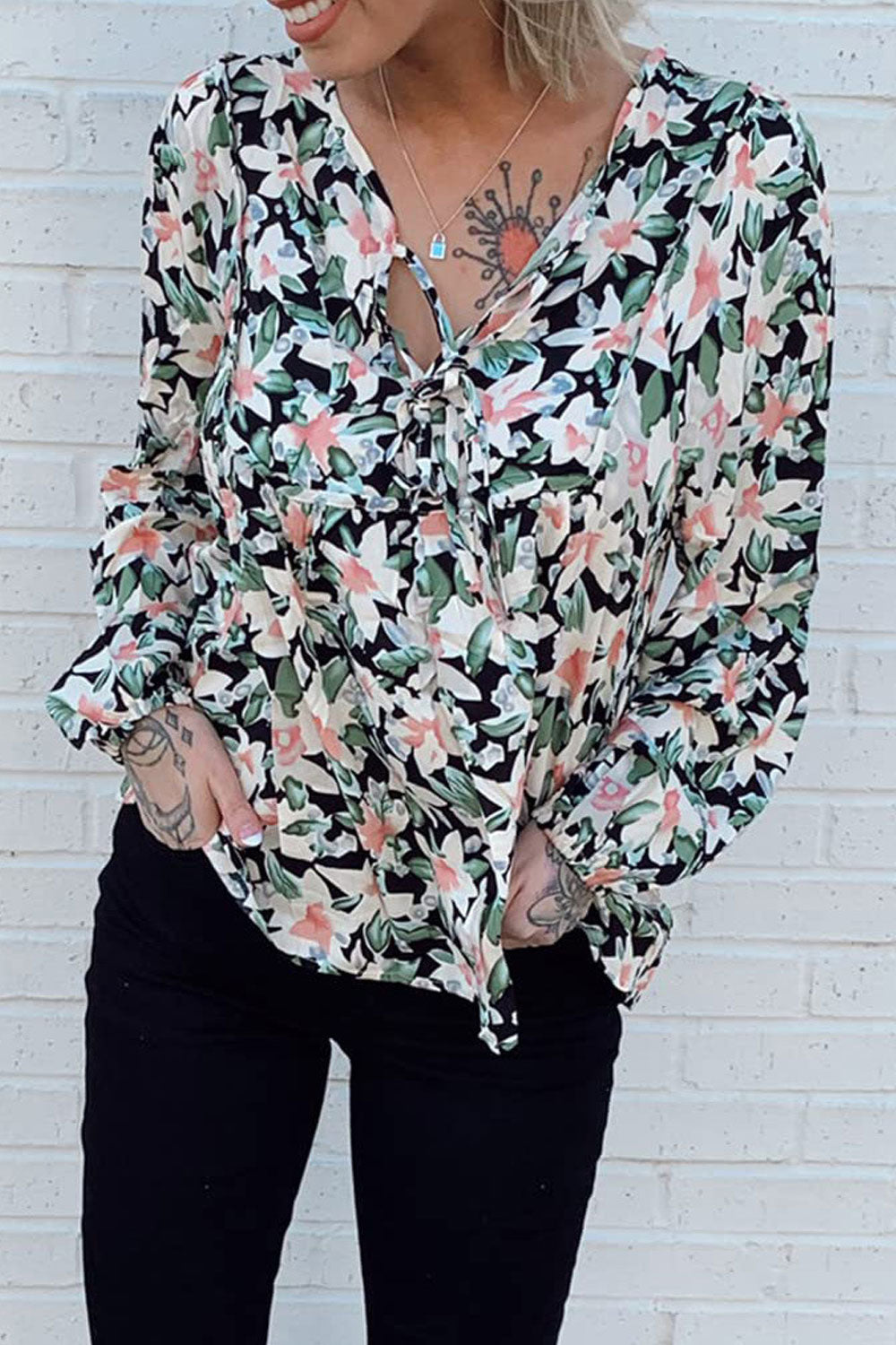 Women New Fashion U-Neck Long Sleeves Printed Mori Style Summer Casual Loose Top