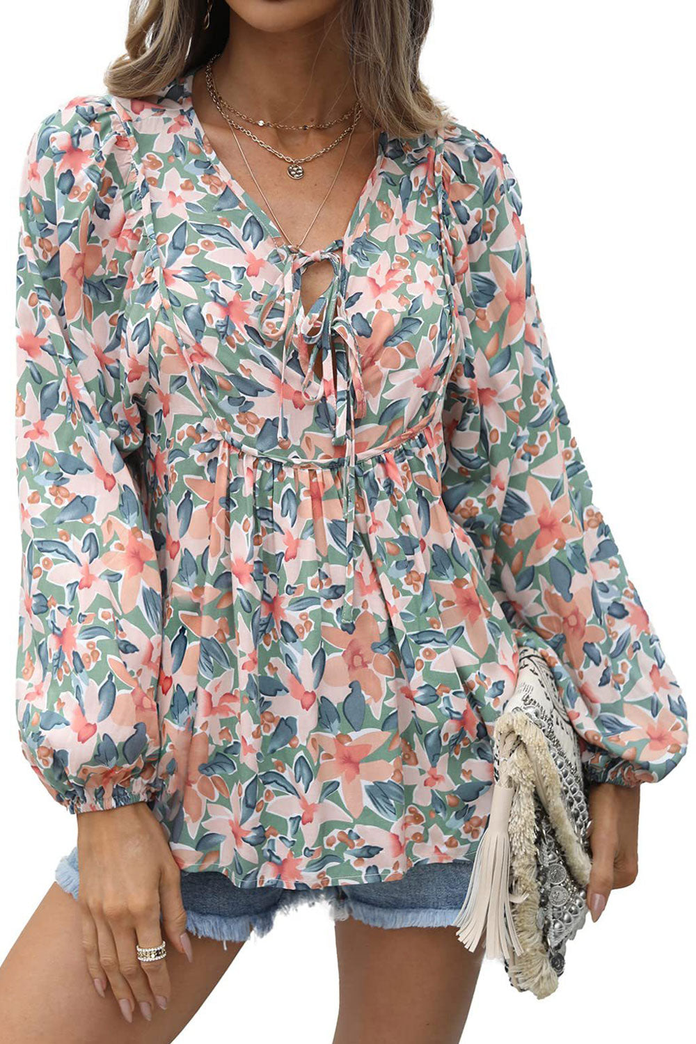 Women New Fashion U-Neck Long Sleeves Printed Mori Style Summer Casual Loose Top