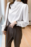 Women New Design Sense Temperament Half Turtle Neck Pleated Long Lantern Sleeves Solid Color Fresh and Sweet Style Summer Casual