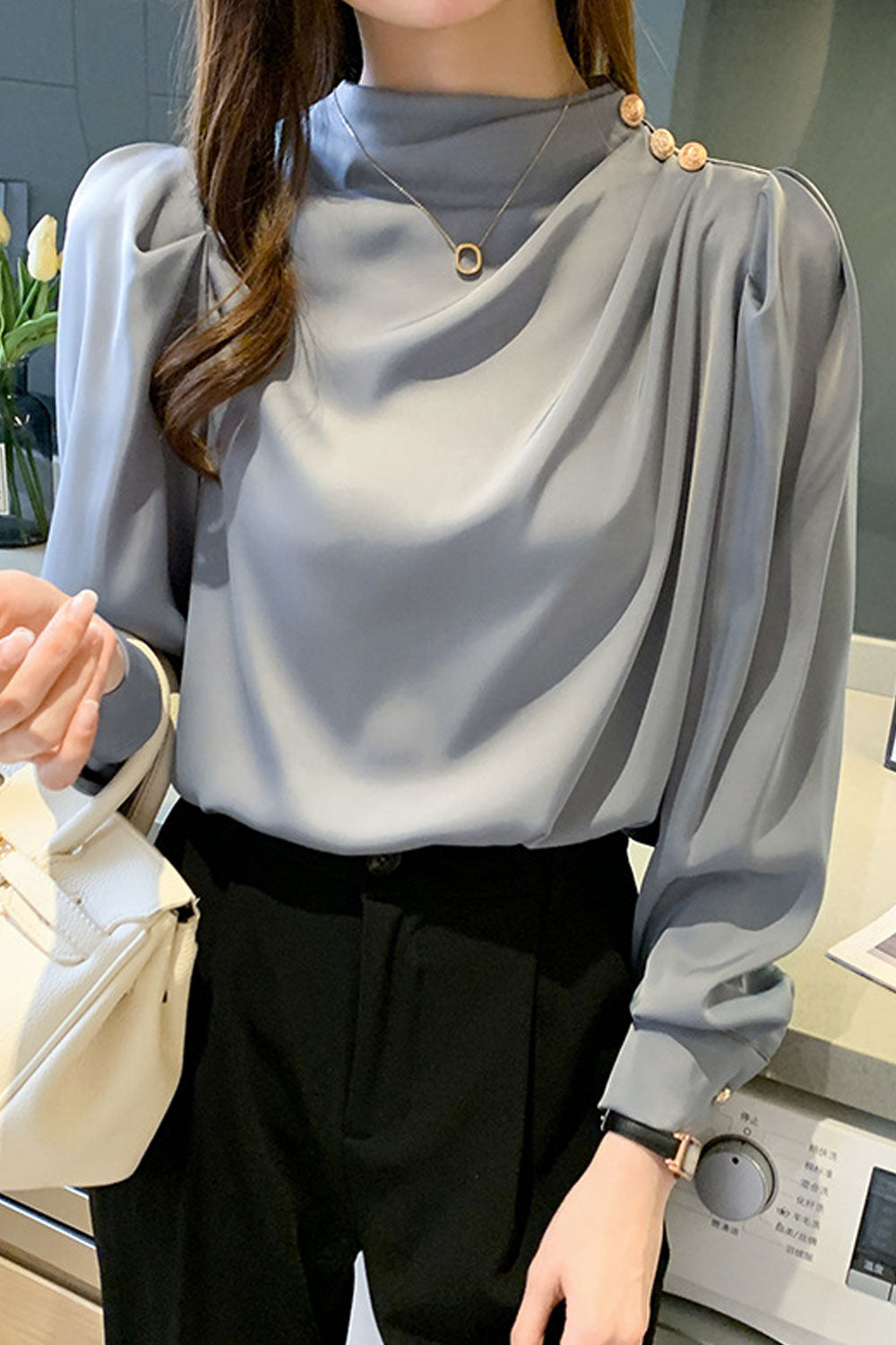 Women New Design Sense Temperament Half Turtle Neck Pleated Long Lantern Sleeves Solid Color Fresh and Sweet Style Summer Casual