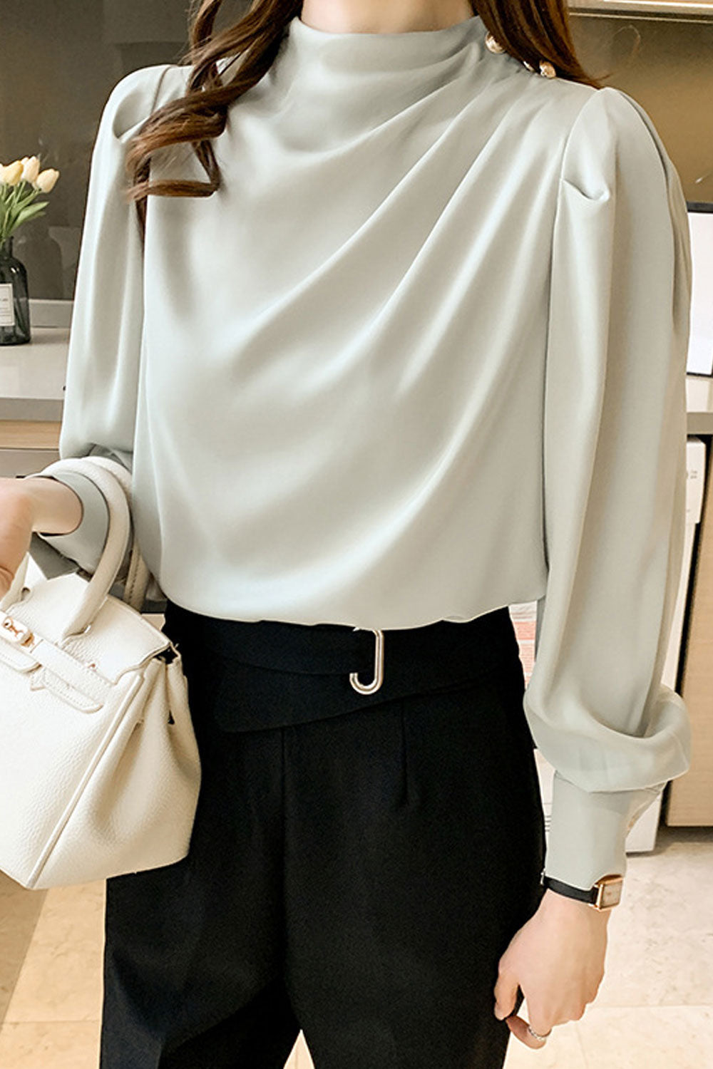 Women New Design Sense Temperament Half Turtle Neck Pleated Long Lantern Sleeves Solid Color Fresh and Sweet Style Summer Casual