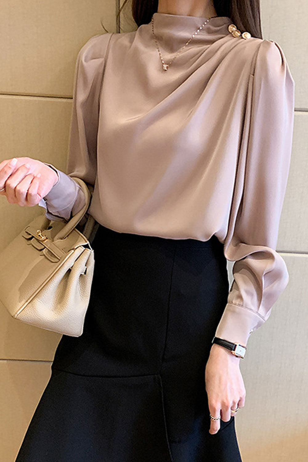 Women New Design Sense Temperament Half Turtle Neck Pleated Long Lantern Sleeves Solid Color Fresh and Sweet Style Summer Casual
