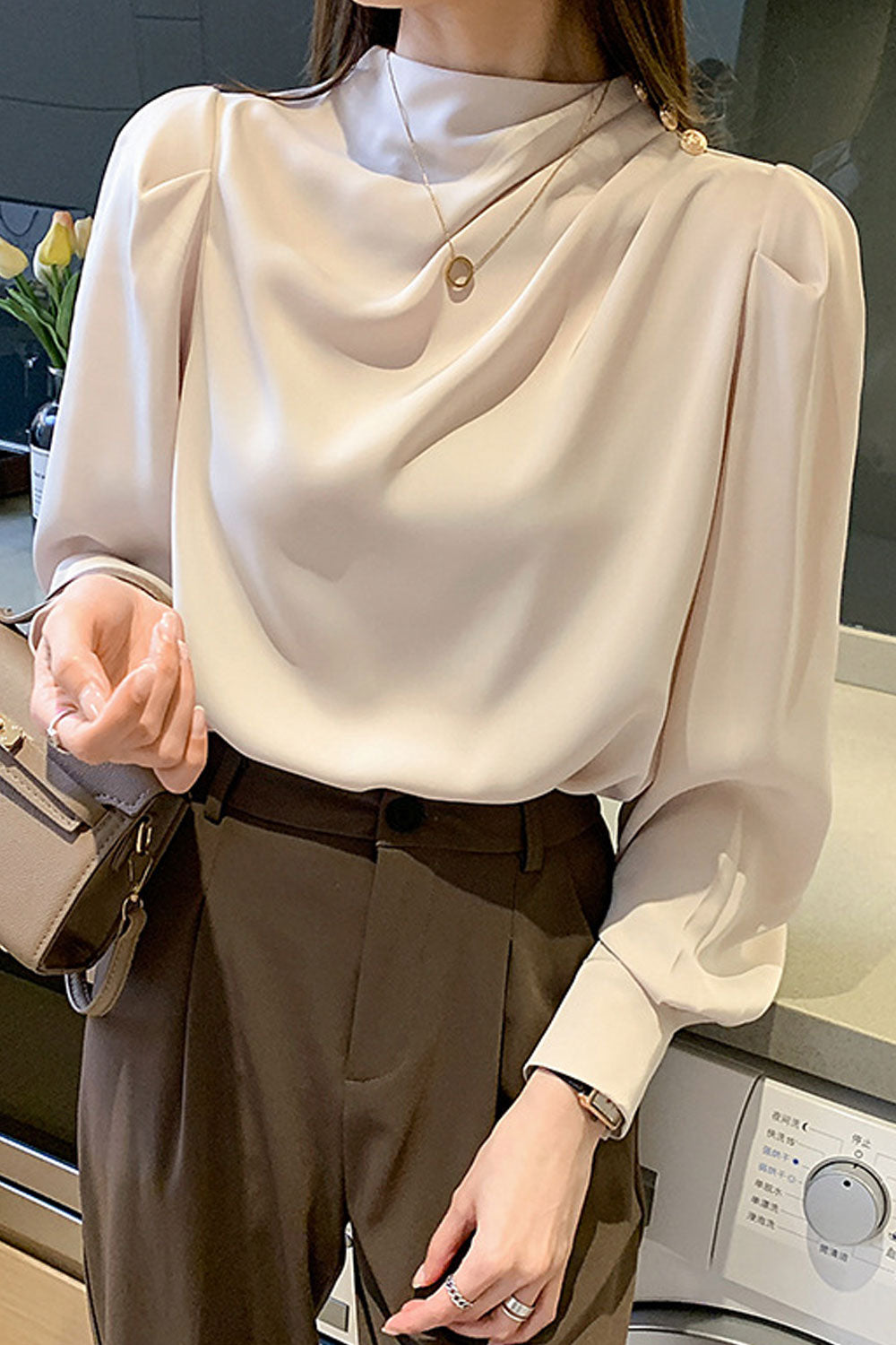 Women New Design Sense Temperament Half Turtle Neck Pleated Long Lantern Sleeves Solid Color Fresh and Sweet Style Summer Casual