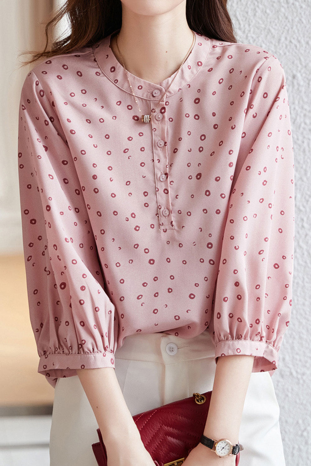 Women New Fashion Beautiful Stand Collar Three Quarter Sleeves Design Sense Polka Dots Pattern Temperament Commuting Style Summe