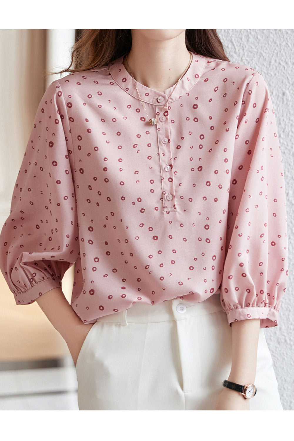 Women New Fashion Beautiful Stand Collar Three Quarter Sleeves Design Sense Polka Dots Pattern Temperament Commuting Style Summe