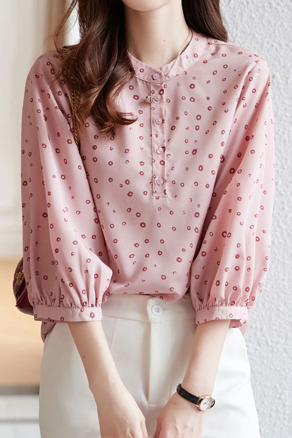 Women New Fashion Beautiful Stand Collar Three Quarter Sleeves Design Sense Polka Dots Pattern Temperament Commuting Style Summe