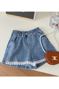 Kids Girls New Lace Denim Fashionable Accent Elastic Waist Casual Washed Thin Summer Shorts