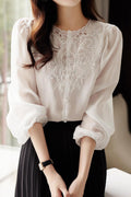 Women New Fashion Beautiful Round Neck Long Lantern Sleeves Elegant Positioning Embroidery Solid Color Summer Casual Lace Top