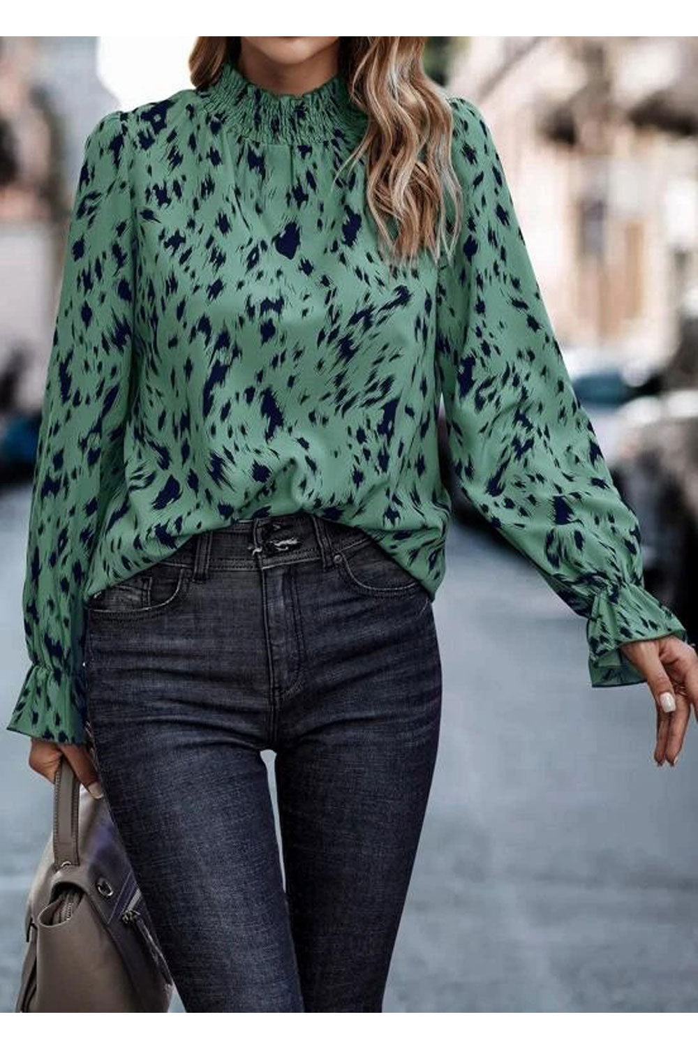 Women New Fashion Beautiful Half High Collar Long Ruffle Sleeves Leopard Printed Commuter Style Summer Casual Loose-Fitting Top