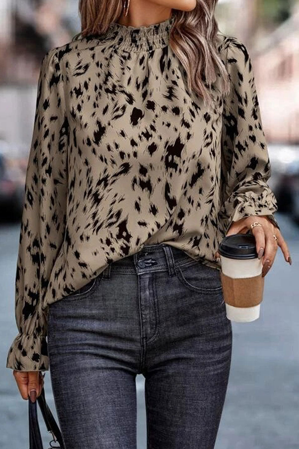 Women New Fashion Beautiful Half High Collar Long Ruffle Sleeves Leopard Printed Commuter Style Summer Casual Loose-Fitting Top