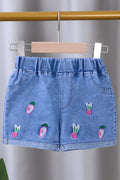 Kids Girls Denim Strawberry Embroidered Elastic Summer Shorts