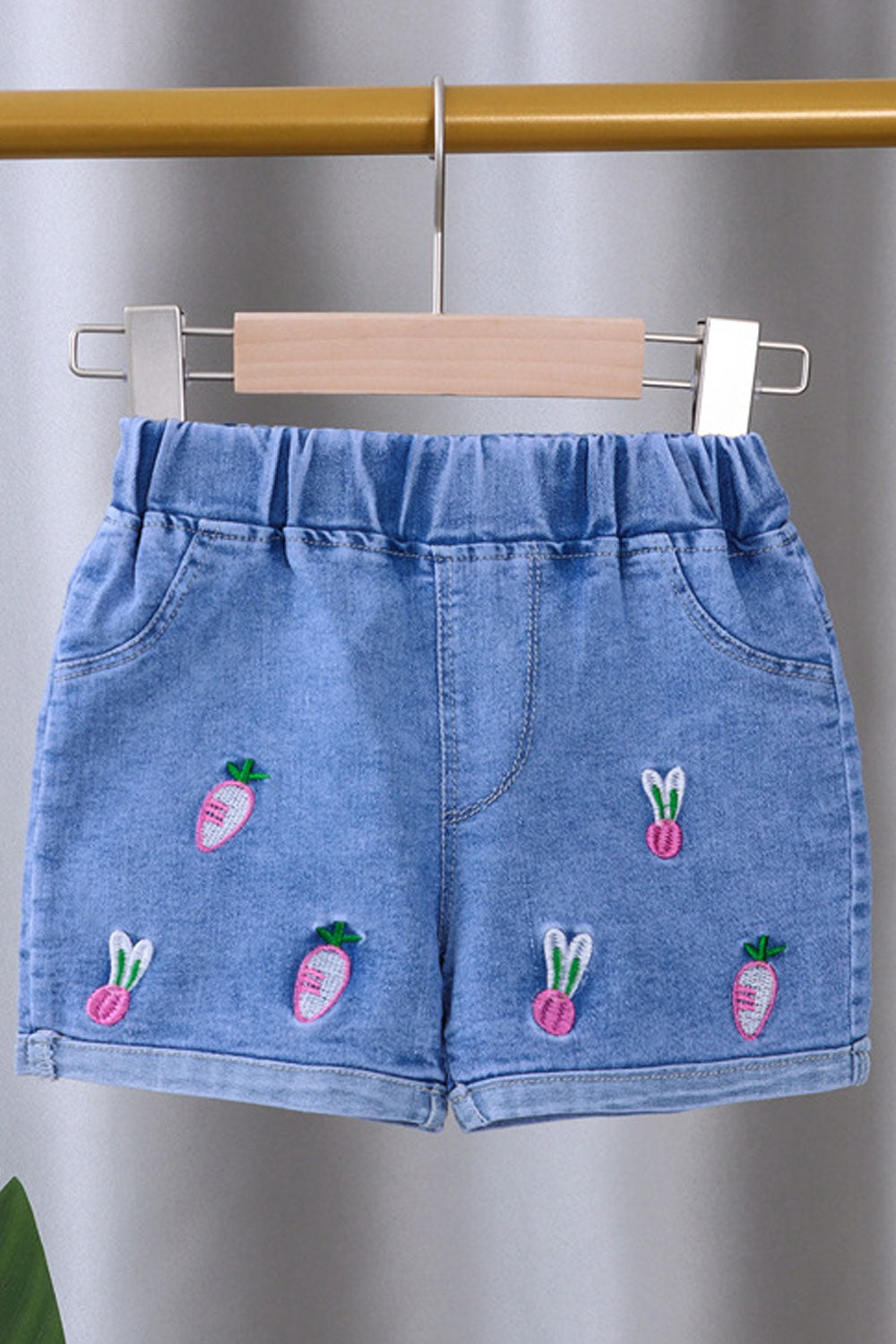 Kids Girls Denim Strawberry Embroidered Elastic Summer Shorts