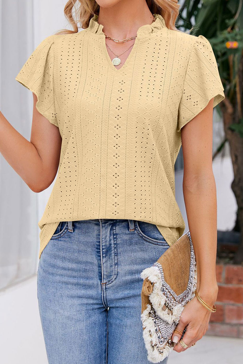 Women New Fashion Jacquard V-Neck Ruffled Sleeves Solid Color Summer Casual Loose Top