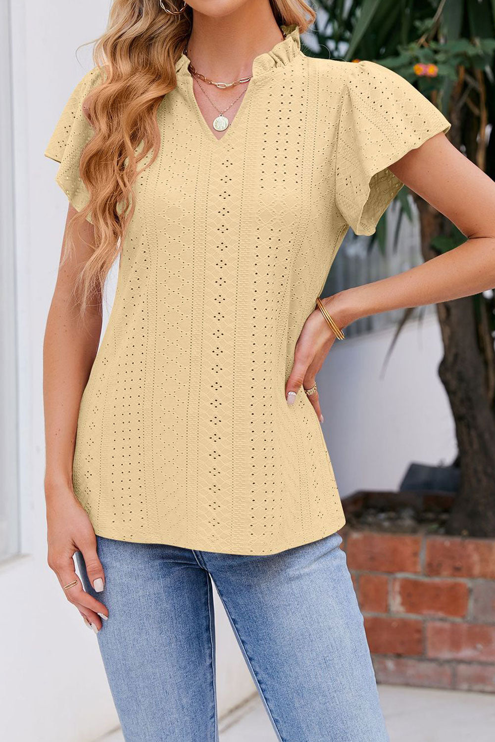 Women New Fashion Jacquard V-Neck Ruffled Sleeves Solid Color Summer Casual Loose Top