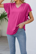 Women New Fashion V- Neck Short Ruffled Sleeves Solid Color Summer Loose Casual Top
