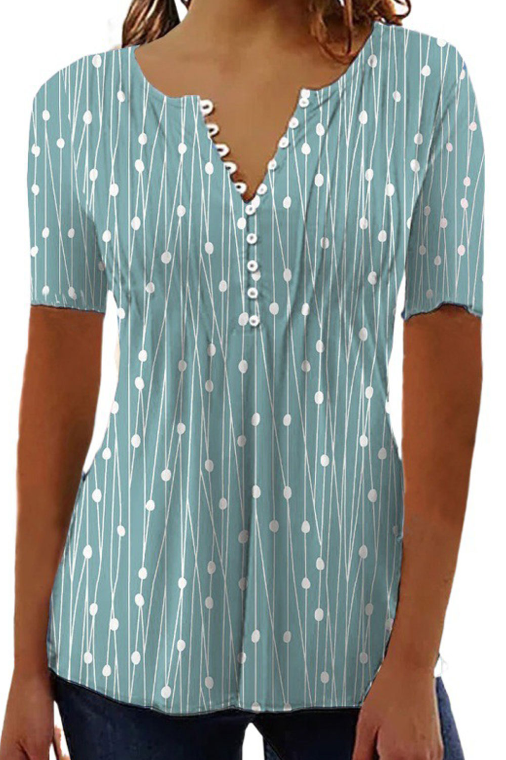 Women New Fashion V-Neck Wave Point Short Sleeved Polka Dots Urban Style Summer Casual Shirt